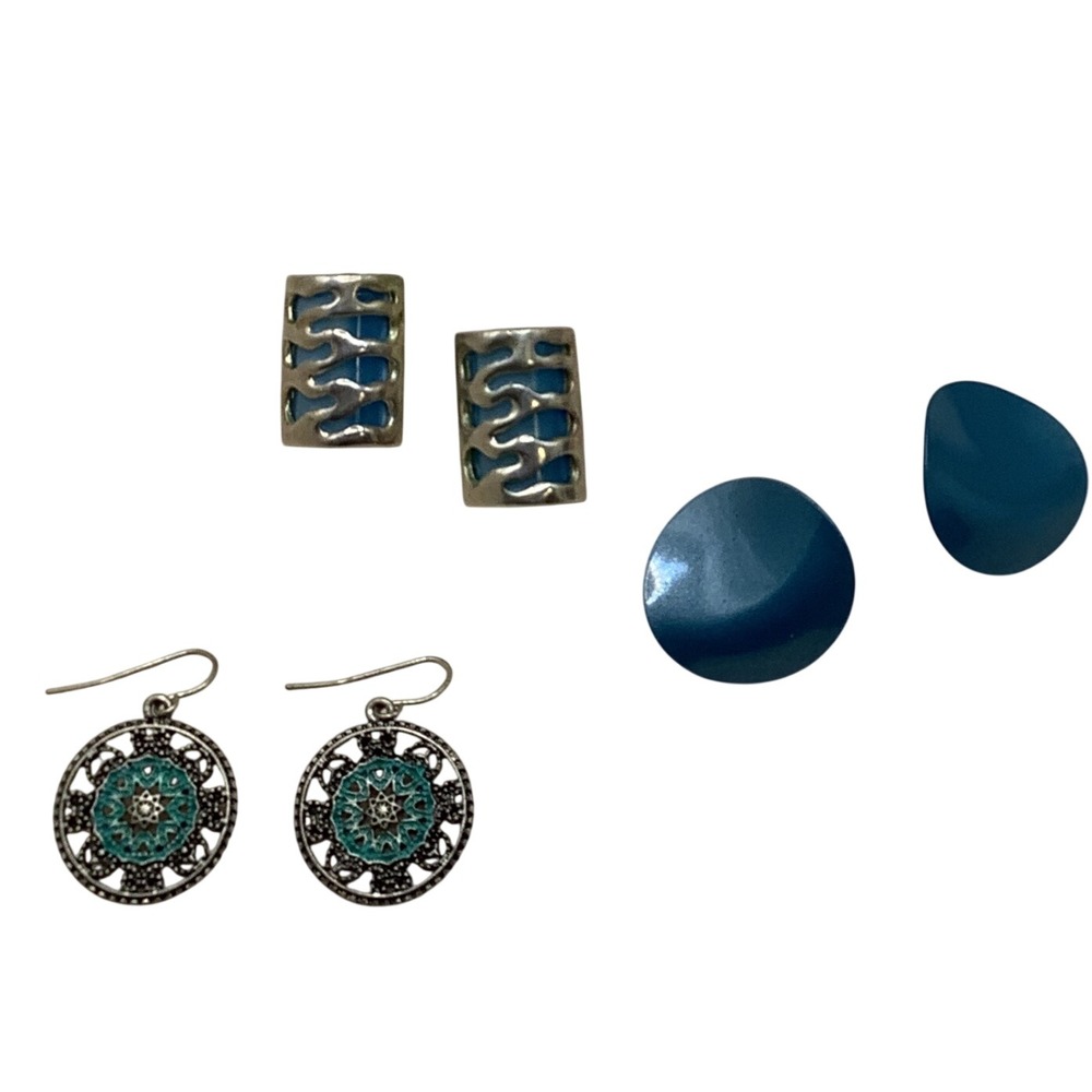Blue Earring Set 3 Pairs Teal Enamel Studs Silver Tone Filigree Boho Modern